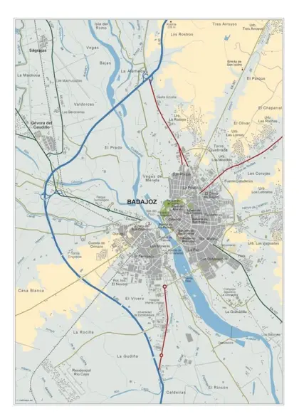 Mapa del área metropolitana de Badajoz — vectorial