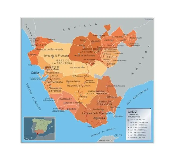 Mapa de municipios de Cádiz — con nombres
