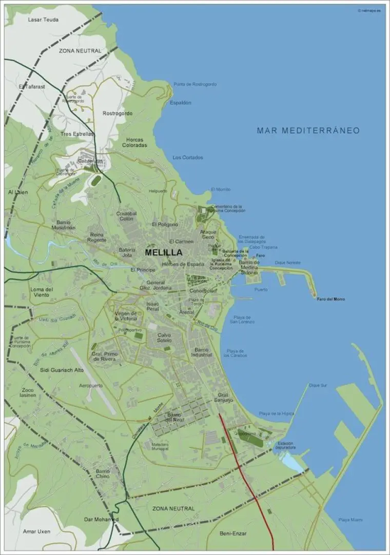 Mapa del área metropolitana de Melilla — vectorial
