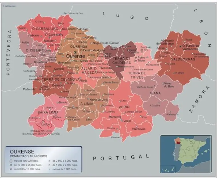 Mapa de municipios de Ourense — con nombres